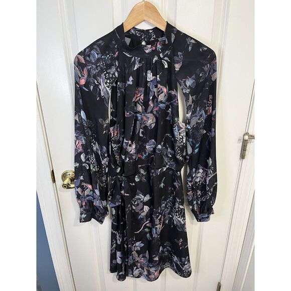REISS Saturn Black Leaf Floral Printed Mini Dress Size US 4 - NWOT - Picture 2 of 7